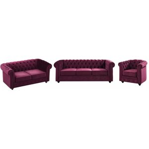 Vente-unique Drie- en tweezitsbank en fauteuil van purper velours CHESTERFIELD