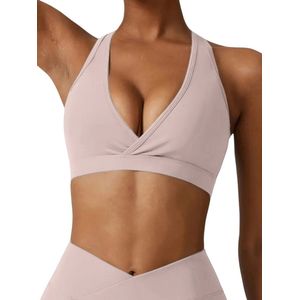 GLOW Sportbeha - Sports Bra - met Verwijderbare pads - Glanzend & Zachte stof - Stevig - Hoge Ondersteuning - met Sexy diepe V-hals - Stijvol & Sexy - Kruisrug - Beige - Maat S