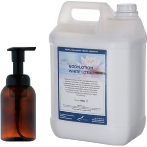 Zeepdispenser 300 ml amber bruin hervulbaar + 5 liter Bodylotion White Lotus navulling