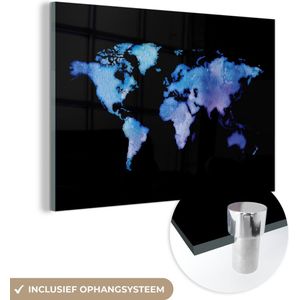 MuchoWow® Glasschilderij 120x80 cm - Schilderij acrylglas - Wereldkaart - Waterverf - Paars - Foto op glas - Schilderijen