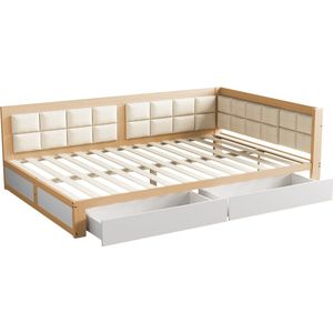 Merax Houten Slaapbank 140x200 cm – Bed met 2 Opberglades en Zachte Rugleuning – Logeerbed van Pijnboomhout – Wit met Houtkleur Bruin