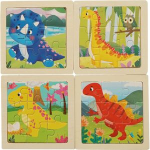 Houten puzzels - 4 stuks - 9 delig - Montessori - Dino's - 11x11 cm