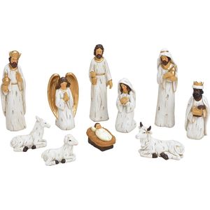 Set van 10x stuks kerststal beelden/kerstbeelden wit met goud 5-21 cm