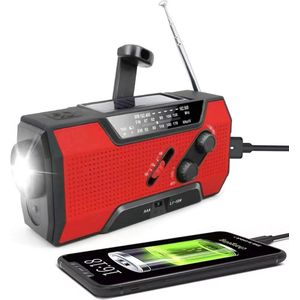 Multifunctionele op zonne-energie werkende met de hand te bedienen noodradio - AM/FM/NOAA-weerradio - met zaklamp/SOS-alarm en oplader voor mobiele telefoon - geschikt voor noodgevallen en buitenactiviteiten (rood)