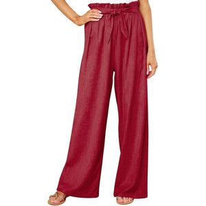 Wijde Pijpen Elegante Lange Lounge Palazzo Broek met Riem Rechte Been Losse Loungebroek - Wijnrood