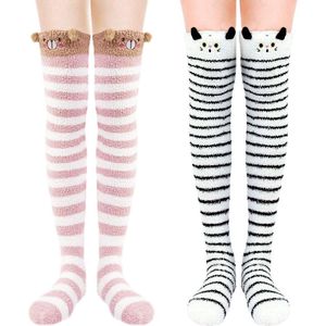 2 paar koraalfluwelen kniekousen - Dames kniehoge pluche sokken - Zacht en warm - Dijhoge gestreepte kousen - Comfortabele pantoffelsokken - Winterkousen - lange gestreepte dijkousen voor de winter (kat + beer)