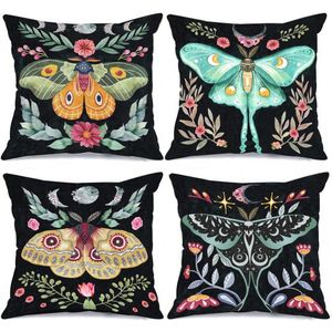 Tropische Kussenhoezen Set van 4 - Boho Stijl met Botanische Bloemen en Vlinders (45 x 45 cm)