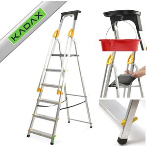 Aluminium trapladder met leuning - 6 treden, 150 kg belastbaar, inklapbare huishoudladder met vak voor gereedschap