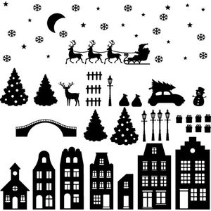 60+ delig - Kerst Raamstickers Herbruikbaar - Kerstdorp - Zwart - Raamdecoratie - Kerst Decoratie - Kerst Huisjes - Statische Kerststickers - Hoge kwaliteit