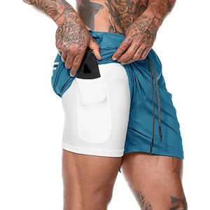 Blauwe sportbroek met witte strakke onderbroek - Fijne zakken - Korte broek - Hardlopen - Sporten - Sportschool - Fitness