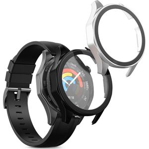kwmobile 2x cover geschikt voor Huawei Watch GT5 46mm - Fitnesstracker cover van gehard glas en kunststof frame set zwart / zilver