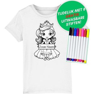 Inkleurbaar t-shirt kinderen – prinses - kinderspeelgoed – 3 tot 8 jaar - eigen naam – gepersonaliseerd – kleuren – viltstiften voor kinderen – t-shirt