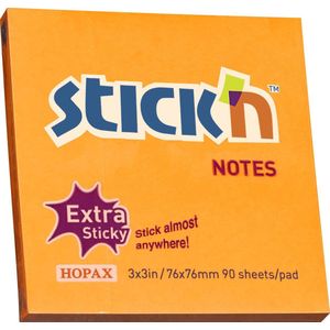 Stick'n sticky notes - 76x76mm, extra sticky, neon oranje, 90 memoblaadjes