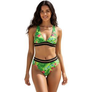 Hoge Taille Bikini Tropical - Gifgroen - Dames Zwemkleding - Maat S