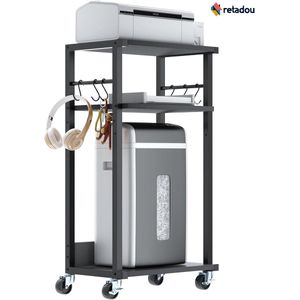 Retadou - Mobiele printertafel, printerwagen, 3 planken, in hoogte verstelbare printerstandaard met wieltjes, 6 haken, voor kantoor, fax, kopieerapparaat, scanner, hakmolen, 44 x 30 x 82 cm, zwart