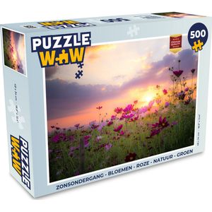 Puzzel Zonsondergang - Bloemen - Roze - Natuur - Groen - Legpuzzel - Puzzel 500 stukjes