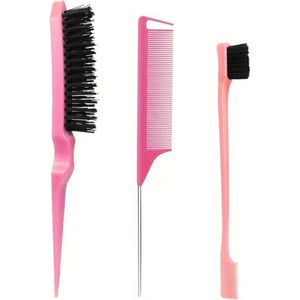 Haarstyling tools set 3 stuks - roze - puntkam - toupeerborstel - sleek