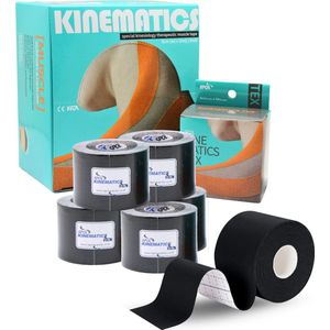 SPOL Kinematics Tex Kinesiotape Sporttape - Fysiotape - Kinesiology - Latexvrij - 6 Rollen - 5 CM x 5 Meter - Zwart