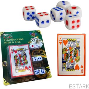 ESTARK® Luxe Speelkaarten + Dobbelstenen - Plastic Coating - Poker Kaarten - Kaartspel - 6 x Dobbelsteen - Spelkaarten - Spel Kaart - 56 Kaarten - Gezelschapsspel - Spelen - Playing Cards - Witte Dobbelstenen - Luxe dobbelstenen - Cards + Dice