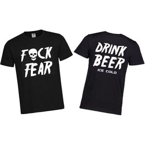 T-shirt Unisex Volwassenen Lol - carnaval - kermis - festival - vrijgezel - feestje - grappig - humor - Tekst ""Fuck Fear (voorkant) Drink Beer Ice Cold (achterkant)"" | korte mouw | Zwart/wit | maat XL