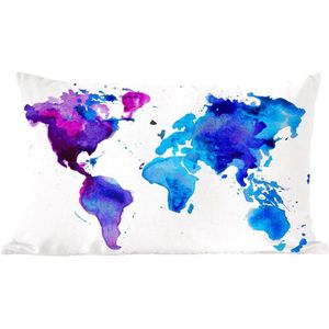 Sierkussens - Kussen - Wereldkaart aquarel blauw lila - 50x30 cm - Kussen van katoen