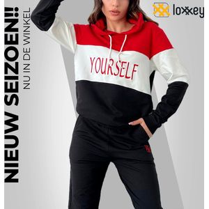 Loxxey® - Katoen - Yourself - Vrijetijdspak - Joggingpak - Huispak - Home Wear - Hoodie - Trainingspak - Tracksuit - 1 Set (2 Delig) - Dames - Maat 3XL - Rood / Zwart