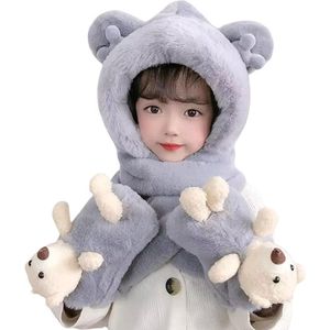 Kindermuts, sjaal en handschoenen 3-in-1 warme set - Winterverdikt pluche - Eendelige muts voor jongens en meisjes - Warme en winddichte muts - Verdikte pluche en winddichte eendelige muts - Grijs
