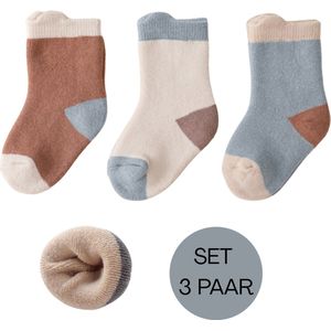 Set 3 paar babysokjes Blauw-Lichtbruin - Zacht katoen - Ideaal kraamcadeau - 0-6 maanden
