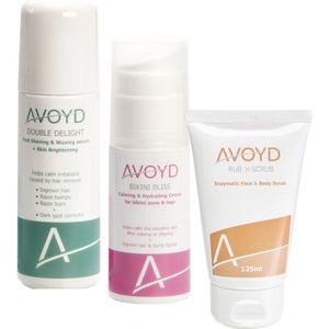 Avoyd PigmentatiePluspakket vrouw - Set van 3 producten - Avoyd Double Delight 90ml + Avoyd Bikini Bliss 50ml + Avoyd Rub 'n Scrub 125ml - Voorkomt ingegroeide haartjes, scheerirritatie, scheerbultjes & pigmentatie