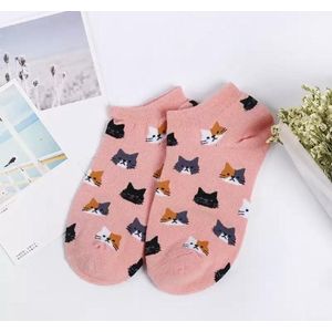 Enkelsokken met kattenkopjes kleur roze Unisex Sokken - kat- kattensokken maat 36-41