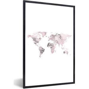 Fotolijst incl. Poster - Wereldkaart - Roze - Grijs - Verf - 60x90 cm - Posterlijst