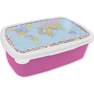 Broodtrommel Roze - Lunchbox - Brooddoos - Wereldkaart - Vlag - Atlas - 18x12x6 cm - Kinderen - Meisje