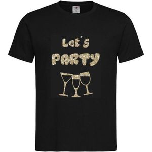 T-shirt Unisex Volwassenen Lol - carnaval - kermis - feestje - grappig Tekst ""Let's PARTY"" Op Voorkant | korte mouw | Zwart/Champagne Goud GLITTER | maat S