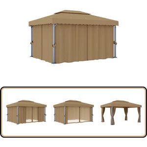 vidaXL Prieel - 4x3 m - Aluminium - Taupe - Inclusief Gordijnen Tuin Prieel - Aluminium Prieel - Taupose Parasol - Tuinkamer - Buitenspeelplek