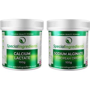 Calcium Lactaat (Lactate) & Sodium Alginaat (Natrium alginate) - 2 x 100 gram - Sferificatie - Reverse Spherification - Moleculair Koken - Moderne Gastronomie - Kaviaar parels - Hersluitbare Potten - Recycled Plastic