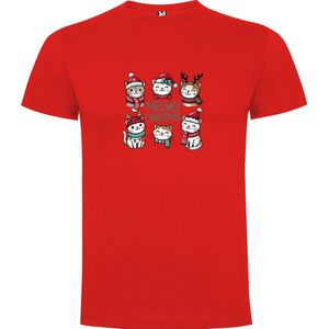 Rood T-Shirt met “Meowy Christmas - Kerst - Katten“ Print Full Color maat 104 / 3/4 jaar