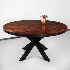 Eettafel rond mangohout visgraat 150cm Avelyn bruin ronde industriële tafel duurzaam mango eetkamertafel