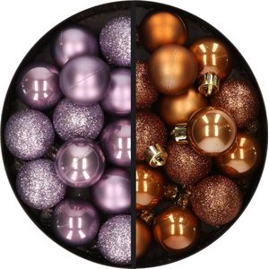 Kunststof kerstballen -28x st. - lila paars en bruin -3 cm - kunststof