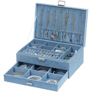 Nancy's Dack Sieradenopslag - Juwelendoos - Sieraden Organizer - 2 Niveaus - 1 Lade - Open Vakken - Blauw - Fluweel - 27 x 18,5 x 10,5 cm