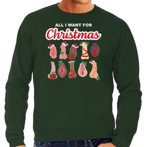 Bellatio Decorations foute kersttrui/sweater heren - All I want for Christmas - piemel/vagina -groen XL