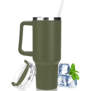 40 oz Thermosbeker met rietje en handvat 1180 ml koffiebeker voor onderweg met deksel dubbelwandige roestvrijstalen vacuüm-isolatiebeker draagbare autobeker voor koude warme dranken travel mug