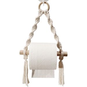 Toiletrolhouder - WC Papier Houder - WC Rolhouder - boho-stijl - hangend - Zonder boren - hout - 20*24cm - wit