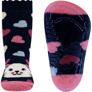 Ewers Antislipsok - Donkerblauw en Oudroze - Poezenhoofd met Hartjes - Siliconenzool-31/34