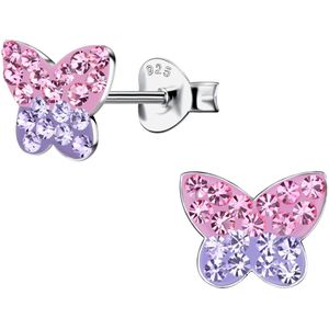 Joy|S - Zilveren vlinder oorbellen - roze paars kristal - 9 x 7 mm - rhodium / gehodineerd