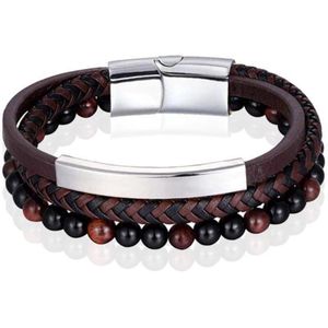 Heren armband Memphis Tijgeroog kraal gevlochten leer Zilverkleurig Bruin - 19cm