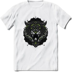 Tijger - Dieren Mandala T-Shirt | Groen | Grappig Verjaardag Zentangle Dierenkop Cadeau Shirt | Dames - Heren - Unisex | Wildlife Tshirt Kleding Kado | - Wit - 3XL