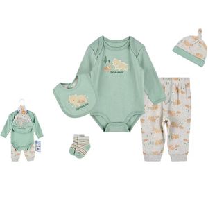 baby kledingset 100% katoen 5 stuks, romper, broek, mutsje, en slabbertje maat 62, 3-6 maanden