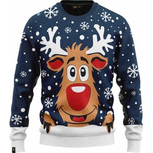 JAP Christmas Kersttrui (maat XL) - 100% Gerecycled - Kriebelt niet - Kerstcadeau volwassenen - Foute Kersttrui dames en heren - Rudolf het Rendier - Donker blauw
