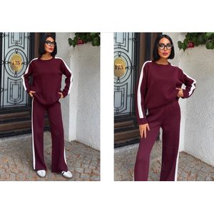 Sobe- Comfortabele Gebreide Set Met Gestreepte Randen- Trainingspak - Loungewear- Bordeauxrood Eén Maat