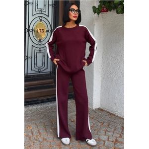 Sobe- Comfortabele Gebreide Set Met Gestreepte Randen- Trainingspak - Loungewear- Bordeauxrood Eén Maat